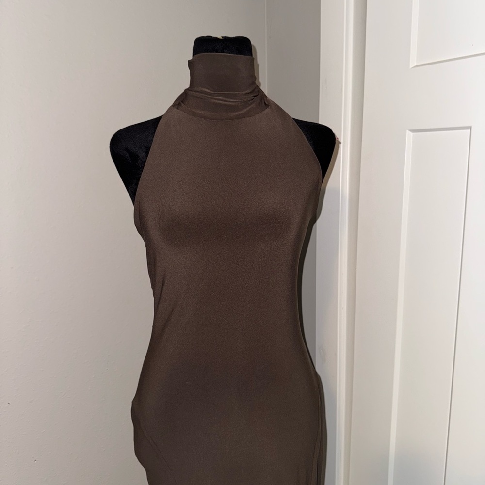 Norma Kamali HALTER TURTLE FISHTAIL GOWN XS Chocolate Brown Dress - Picture 3 of 6